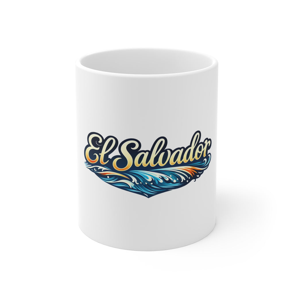 El Salvador Script Wave Mug — 11oz Travel Coffee Cup, Tropical Surf Souvenir