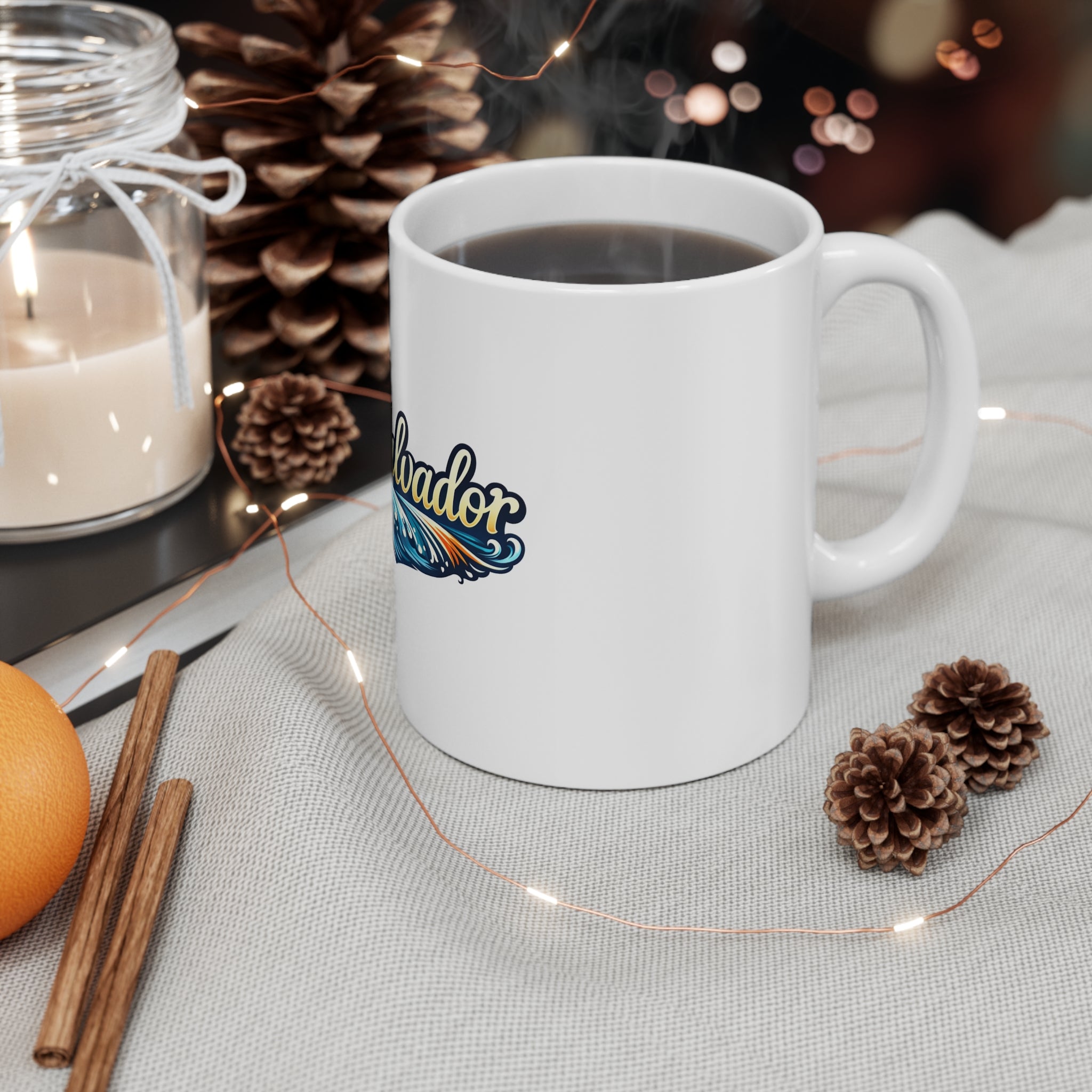 El Salvador Script Wave Mug — 11oz Travel Coffee Cup, Tropical Surf Souvenir